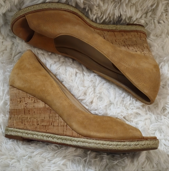 Cole Haan | Shoes | Cole Haan Patten Leather Wedge Sandals  Cole Haan Tan Peep Toe Suede Cork Heel-Wedges - Size 10.5B